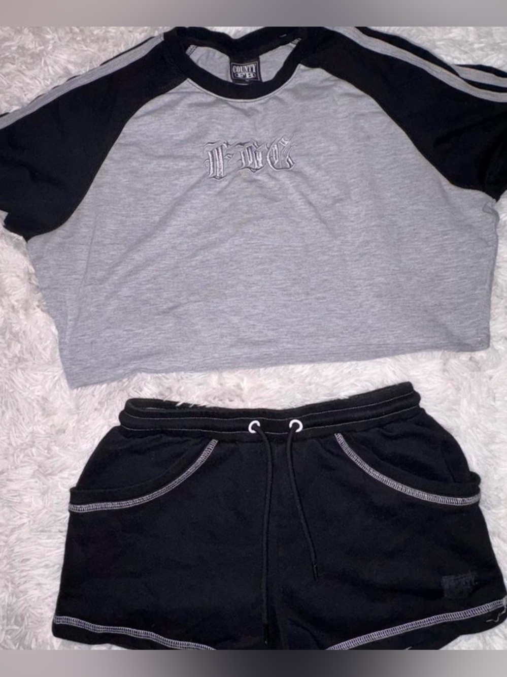 Girls' Black & Gray Raglan Crop Top with Drawstring Black Shorts